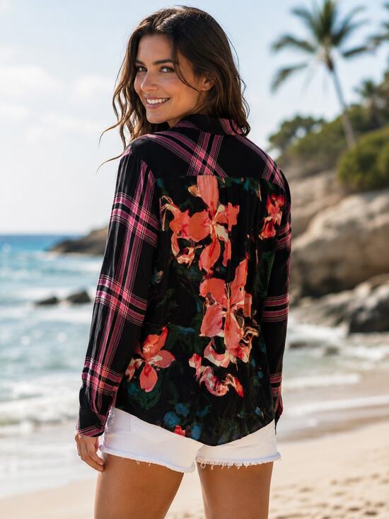 Guess Tops - Guess Mixed Print Top Womens Medium Black Pink Plaid Floral Boho Button Shirt